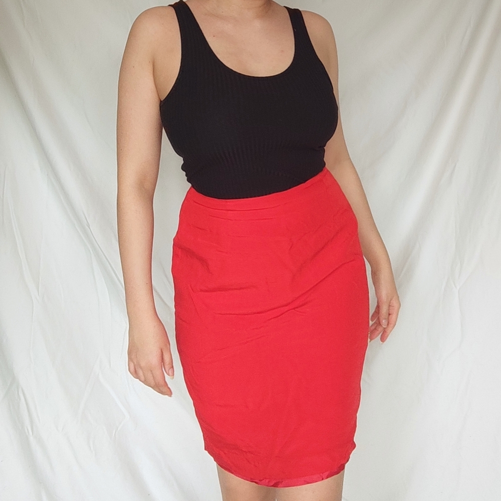 Louben Red Viscose Silk Pencil Skirt